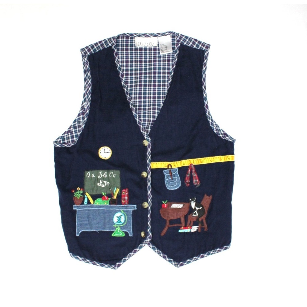 Casey & Max Navy Blue Corduray Embroidered Plaid School Teacher Button Vest Sm